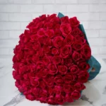 100 cerise roses blue wrap