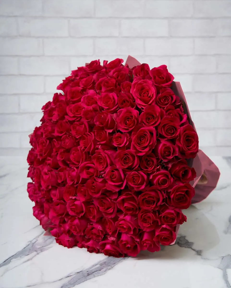 100 cerise roses pink wrap