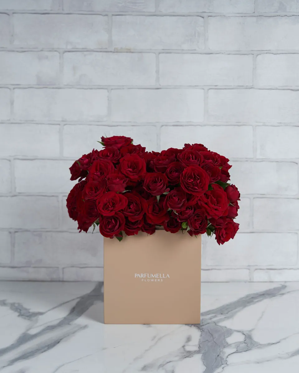 Kiss Her Red square wooden box Solid Rose Spray Red Regular 18 stems