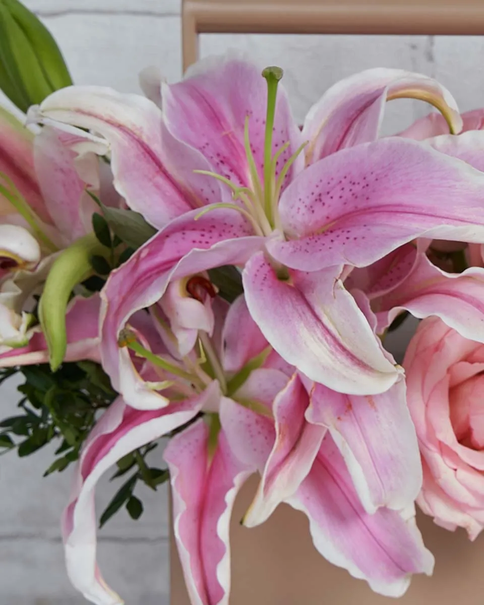 Perfect Pair   Toolbox Combination of Pink Lily and rose esperance with touch of pistacia 4 lilys  12 esperance  .5 pistacia Details