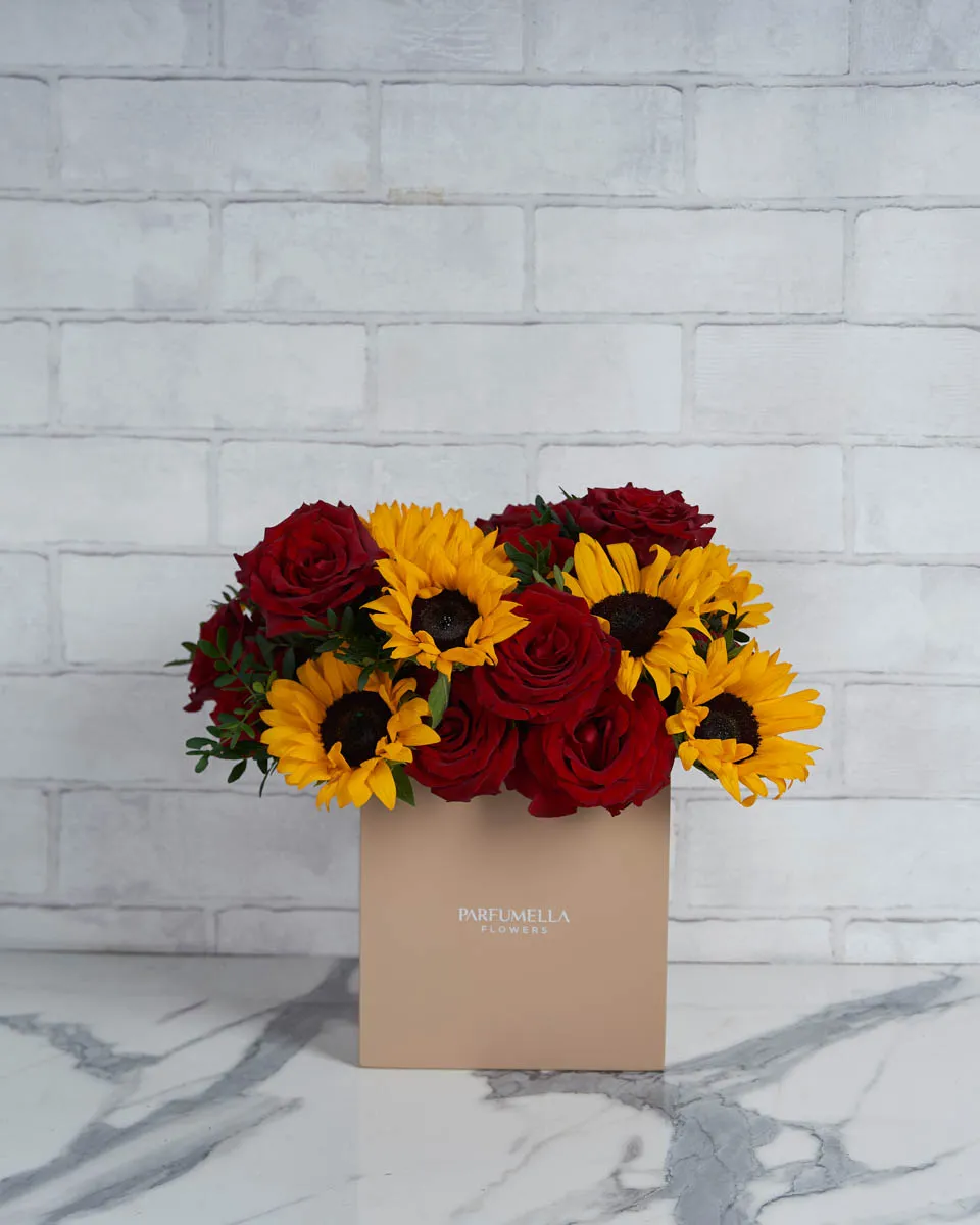 Pick Me UP   square wooden box Combination of Sunflowers and Red Roses